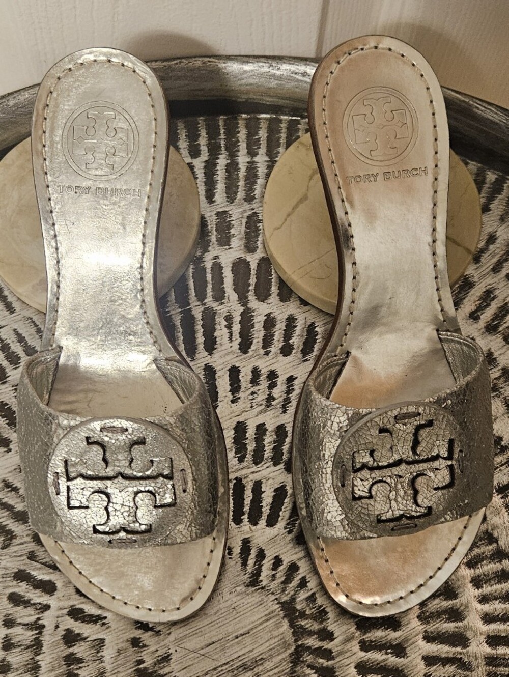 Vintage Tory Burch Silver Metallic Logo Slide Sandals